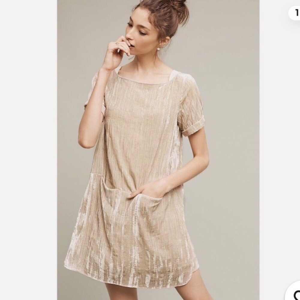 Anthropologie‎ Floreat Champagne Crushed Velvet Pocket Shift Dress Beige Small